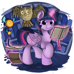 Size: 5000x5000 | Tagged: safe, artist:malamol, imported from derpibooru, owlowiscious, twilight sparkle, alicorn, pony, absurd resolution, book, female, magic, mare, telekinesis, twilight sparkle (alicorn)