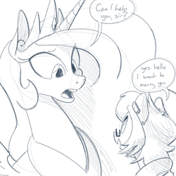 Size: 700x700 | Tagged: safe, artist:goat train, imported from derpibooru, princess celestia, oc, oc:wireless, commission, dialogue, marriage proposal, monochrome, sketch, speech bubble