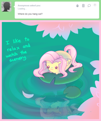 Size: 600x720 | Tagged: safe, artist:pekou, imported from derpibooru, fluttershy, pegasus, pony, ask my little chubbies, ask, chubbie, cute, female, mare, pond, shyabetes, solo, tumblr