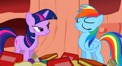 Size: 1099x597 | Tagged: safe, imported from derpibooru, screencap, rainbow dash, twilight sparkle, pegasus, pony, unicorn, sonic rainboom (episode), book, duo, lidded eyes, unicorn twilight