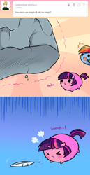 Size: 502x973 | Tagged: safe, artist:pekou, imported from derpibooru, rainbow dash, twilight sparkle, ask my little chubbies, :3, :<, ask, boulder, chubbie, comic, cute, eyes closed, feather, magic, open mouth, surprised, sweat, telekinesis, tumblr, twiabetes