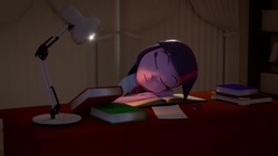 Size: 1920x1080 | Tagged: safe, artist:creatorofpony, imported from derpibooru, twilight sparkle, equestria girls, /mlp/, 3d, 3d model, blender, book, curtains, desk, female, lamp, paper, pen, sleeping, solo, that pony sure does love books