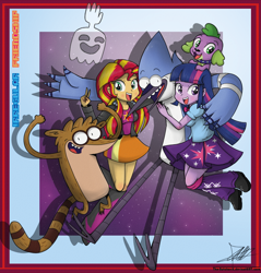 Size: 1182x1237 | Tagged: safe, artist:the-butch-x, imported from derpibooru, spike, sunset shimmer, twilight sparkle, dog, ghost, equestria girls, rainbow rocks, crossover, hi-five ghost, high five ghost, mordecai, mordecai and rigby, regular show, rigby, spike the dog, twilight sparkle (alicorn)