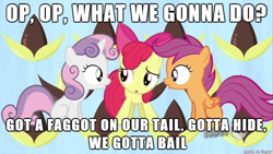 Size: 610x343 | Tagged: safe, imported from derpibooru, apple bloom, scootaloo, sweetie belle, babs seed song, cutie mark crusaders, image macro, meme, op is a faggot, reaction image, song reference, vulgar