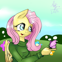 Size: 2000x2000 | Tagged: safe, artist:galadysp, imported from derpibooru, fluttershy, anthro, butterfly, clothes, female, smiling, solo, sweater, sweatershy