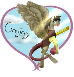 Size: 877x911 | Tagged: safe, artist:tinylittlewatermelon, imported from derpibooru, oc, oc only, oc:greycry, draconequus, pegasus, pony, female, flying, heart, mare, solo, wings