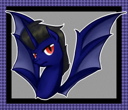 Size: 965x828 | Tagged: safe, artist:tinylittlewatermelon, imported from derpibooru, oc, oc only, oc:orbisan, alicorn, bat pony, pony, unicorn, alicorn oc, bat wings, blue, horn, male, purple, red eyes, request, solo, stallion, wings