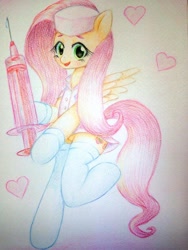 Size: 768x1024 | Tagged: dead source, safe, artist:dobado, imported from derpibooru, fluttershy, semi-anthro, anatomically incorrect, clothes, female, incorrect leg anatomy, nurse, solo, stockings, syringe, traditional art