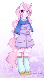 Size: 460x807 | Tagged: safe, artist:divided-s, imported from derpibooru, princess celestia, anthro, semi-anthro, bipedal, blushing, clothes, coat, female, looking at you, necklace, open mouth, pink-mane celestia, scarf, smiling, socks, solo