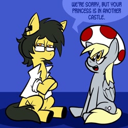 Size: 576x576 | Tagged: safe, artist:pembroke, imported from derpibooru, derpy hooves, oc, oc:bluetooth, pony, clothes, cosplay, crossed hooves, dialogue, duo, glasses, in another castle, open mouth, parody, sitting, speech bubble, super mario bros., toad (mario bros), unamused