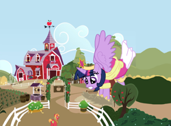 Size: 1700x1252 | Tagged: safe, artist:final7darkness, imported from derpibooru, big macintosh, twilight sparkle, alicorn, pony, clothes, coronation dress, crash landing, dress, female, giant pony, giantess, macro, mare, request, requested art, sweet apple acres, twilight sparkle (alicorn)