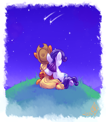 Size: 1280x1474 | Tagged: safe, artist:whitediamonds, imported from derpibooru, applejack, rarity, earth pony, pony, unicorn, cuddling, female, hat, lesbian, mare, rarijack, rarijack daily, shipping, shooting star, shooting stars, sitting, snuggling