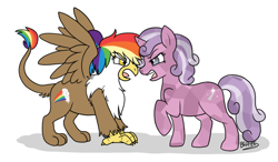 Size: 1024x598 | Tagged: safe, artist:breezepleeze, imported from derpibooru, oc, oc only, oc:quartz horn, oc:rainbow feather, crystal pony, griffon, hybrid, pony, unicorn, cutie mark, female, filly, interspecies offspring, magical lesbian spawn, offspring, parent:gilda, parent:rainbow dash, parents:gildash, rivalry