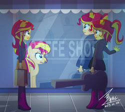 Size: 1100x986 | Tagged: safe, artist:bluse, imported from derpibooru, sunset shimmer, human, pony, unicorn, equestria girls, rainbow rocks, awkward, awkward moment, coffee shop, duality, duo, female, guitar, guitar case, human counterpart, human ponidox, human sunset, reflection, self paradox, show accurate, sweat