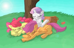 Size: 797x527 | Tagged: safe, artist:jeremy3, imported from derpibooru, apple bloom, scootaloo, sweetie belle, pony, cuddle puddle, cuddling, cutie mark crusaders, sleeping, tree