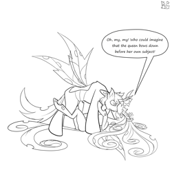 Size: 2048x2048 | Tagged: safe, artist:briarspark, imported from derpibooru, queen chrysalis, oc, oc:poisoned soul, changelingified, chrysalislover, kabedon, monochrome, pinned, shipping