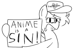 Size: 2288x1528 | Tagged: artist needed, safe, imported from derpibooru, oc, oc only, oc:little league, /mlp/, 4chan, female, filly, monochrome, op is a duck, op is trying to start shit, sign