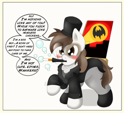 Size: 2223x2038 | Tagged: safe, artist:blackbewhite2k7, imported from derpibooru, pipsqueak, angry, bat signal, batman, bubble, cigarette, comic, commission, fake, the penguin