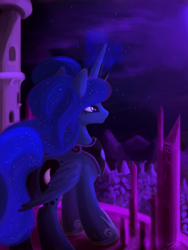 Size: 3000x4000 | Tagged: safe, artist:pedrohander, imported from derpibooru, princess luna, alicorn, pony, city, colored, cutie mark, digital art, female, hooves, horn, jewelry, lineless, magic, mare, night, regalia, solo, tiara, wings