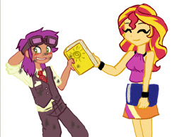 Size: 1482x1145 | Tagged: safe, artist:redanon, imported from derpibooru, sunset shimmer, oc, oc:fidgety dandelion, equestria girls, blushing, book, dirty, equestria girls-ified