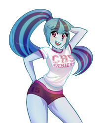 Size: 944x1087 | Tagged: safe, artist:rileyav, imported from derpibooru, sonata dusk, equestria girls, rainbow rocks, adorasexy, arm behind head, beautiful, belly button, blue skin, breasts, busty sonata dusk, canterlot high, clothes, cute, female, genki girl, gym shorts, gym uniform, hand on hip, midriff, ponytail, sexy, shirt, shorts, simple background, solo, sonata donk, sonatabetes, sultry pose, t-shirt, thighs, transparent background