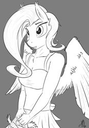 Size: 1200x1725 | Tagged: safe, artist:almonddragon, imported from derpibooru, fluttershy, anthro, basket, carrot, female, monochrome, smiling, solo, spread wings