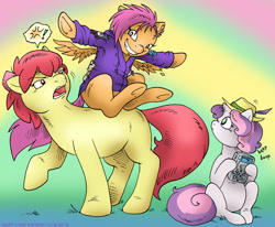 Size: 1000x824 | Tagged: safe, artist:kaemantis, imported from derpibooru, apple bloom, scootaloo, sweetie belle, apple bloom is not amused, clothes, cross-popping veins, ear piercing, game boy, hat, hoodie, implied silver spoon, implied silverbelle, patch, patches, piercing, ponies riding ponies, size difference, small wings