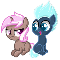 Size: 1440x1440 | Tagged: safe, artist:thecheeseburger, imported from derpibooru, brown sugar, lightning flare, earth pony, pony, unicorn, 5-year-old, background pony, colt, duo, filly, foal, simple background, transparent background