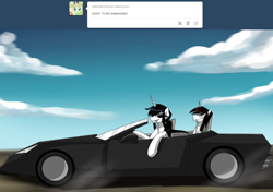 Size: 1280x903 | Tagged: safe, imported from derpibooru, oc, oc only, alcohol, ask, ask-lynn-and-hikoinequestria, car, quick! to the batmobile!