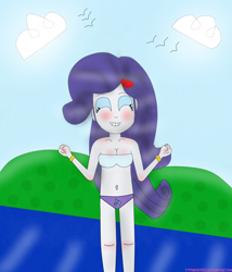 Size: 1476x1726 | Tagged: safe, artist:ytpinkiepie2, imported from derpibooru, rarity, equestria girls, beach, belly button, bikini, clothes, female, solo, swimsuit