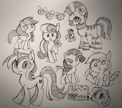 Size: 1024x907 | Tagged: safe, artist:mosamosa_n, imported from derpibooru, apple fritter, bon bon, derpy hooves, sweetie drops, zecora, parasprite, pegasus, pony, zebra, apple family member, female, mare, monochrome, traditional art