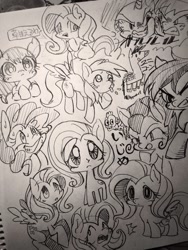 Size: 768x1024 | Tagged: safe, artist:mosamosa_n, imported from derpibooru, derpy hooves, fluttershy, pinkie pie, rainbow dash, rarity, pegasus, pony, female, mare, monochrome, sketch, traditional art