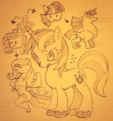 Size: 954x1024 | Tagged: safe, artist:mosamosa_n, imported from derpibooru, princess cadance, shining armor, twilight sparkle, alicorn, pony, unicorn, buff, female, gleaming shield, mare, monochrome, pixiv, princess ca-dense, rule 63, sketch, traditional art, twilight muscle