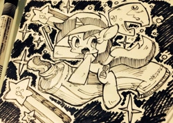 Size: 1600x1137 | Tagged: dead source, safe, artist:mosamosa_n, imported from derpibooru, minuette, pony, unicorn, chibi, monochrome, shooting star, sketch, toothpaste, traditional art