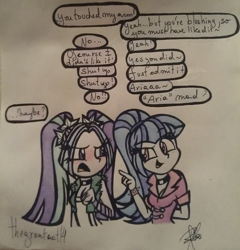 Size: 702x730 | Tagged: safe, artist:queentigrel, imported from derpibooru, aria blaze, sonata dusk, equestria girls, arisona, blushing, comic, female, lesbian, shipping, traditional art, tsundaria, tsundere