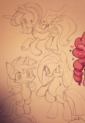 Size: 709x1024 | Tagged: safe, artist:mosamosa_n, imported from derpibooru, lyra heartstrings, pinkie pie, princess luna, monochrome, pinkamena diane pie, sketch, traditional art