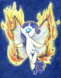 Size: 787x1014 | Tagged: dead source, safe, artist:islamilenaria, imported from derpibooru, rarity, pony, unicorn, burning, butterfly wings, crying, eyes closed, female, fire, glimmer wings, gossamer wings, solo, traditional art, wings