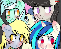 Size: 1969x1587 | Tagged: safe, artist:foxtali, imported from derpibooru, bon bon, derpy hooves, dj pon-3, lyra heartstrings, octavia melody, sweetie drops, vinyl scratch, pegasus, pony, :|, background five, bon bon is not amused, female, mare, unamused