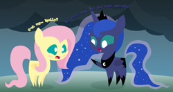 Size: 3292x1756 | Tagged: safe, artist:midnytesketch, imported from derpibooru, fluttershy, princess luna, blushing, cute, dialogue, duo, open mouth, pointy ponies, shyabetes