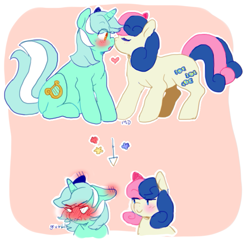 Size: 755x770 | Tagged: safe, artist:twirity, imported from derpibooru, bon bon, lyra heartstrings, sweetie drops, earth pony, pony, unicorn, blushing, comic, female, lesbian, lyrabon, nose kiss, shipping, tsundere