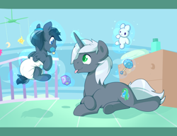 Size: 2790x2140 | Tagged: safe, artist:cuddlehooves, imported from derpibooru, oc, oc only, oc:dusk shadow, oc:grey ghost, alicorn, pony, unicorn, baby, baby pony, cuddlehooves is trying to murder us, cute, diaper, father and son, foal, poofy diaper, weapons-grade cute