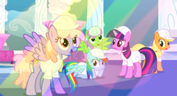 Size: 1099x597 | Tagged: safe, imported from derpibooru, screencap, applejack, merry may, rainbow dash, rainbowshine, twilight sparkle, pegasus, pony, sonic rainboom (episode), background pony, weather factory uniform