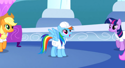 Size: 1099x597 | Tagged: safe, imported from derpibooru, screencap, applejack, rainbow dash, twilight sparkle, pegasus, pony, sonic rainboom (episode), open mouth, weather factory uniform