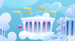 Size: 1099x597 | Tagged: safe, imported from derpibooru, screencap, sonic rainboom (episode), background, cloud, cloudiseum, cloudsdale, cloudy, hot air balloon, no pony, twinkling balloon