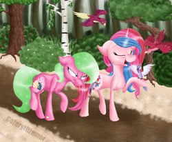 Size: 1700x1400 | Tagged: safe, artist:goferyidzemor, imported from derpibooru, shell-belle, sunrise song, bird, earth pony, pony, unicorn, angry, cute, duo, duo female, eyes closed, female, forest, g3, g3 to g4, g4, generation leap, lesbian, madorable, mare, open mouth, shell belle, shipping, smiling, sunriseshell, unamused, wide eyes