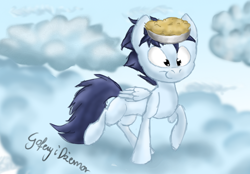 Size: 1500x1043 | Tagged: safe, artist:goferyidzemor, imported from derpibooru, soarin', blank flank, cloud, cloudy, cute, male, pie, solo, that pony sure does love pies