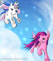 Size: 936x1080 | Tagged: safe, artist:stealthclaw96, imported from derpibooru, skywishes, star catcher, pegasus, pony, cloud, cloudy, flying, g3, g3 to g4, g4, generation leap, race swap