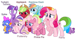 Size: 8297x4386 | Tagged: dead source, safe, artist:atomiclance, imported from derpibooru, applejack, applejack (g3), fluttershy, fluttershy (g3), master kenbroath gilspotten heathspike, pinkie pie, pinkie pie (g3), rainbow dash, rainbow dash (g3), rarity, rarity (g3), spike, twilight sparkle, twilight twinkle, absurd resolution, g3, g3 to g4, g4, generation leap, mane seven, mane six, recolor, simple background, transparent background