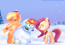 Size: 2788x1932 | Tagged: safe, artist:gnidagovnida, imported from derpibooru, applejack, fluttershy, rainbow dash, earth pony, pegasus, pony, clothes, cold, floppy ears, hat, scarf, snow, snowfall, snowman, snowmare