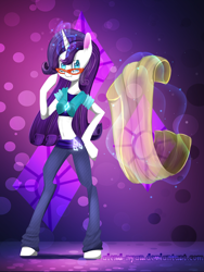 Size: 1500x2000 | Tagged: safe, artist:gnidagovnida, imported from derpibooru, rarity, anthro, unicorn, arm hooves, belly button, clothes, female, glasses, midriff, solo